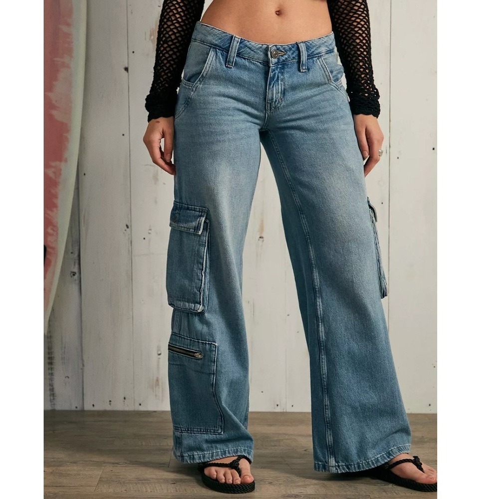 BDG Low Rise Puddle Jeans Wide Leg Cargo Utility‎ W28 L32 Blue Y2K Baggy Skater